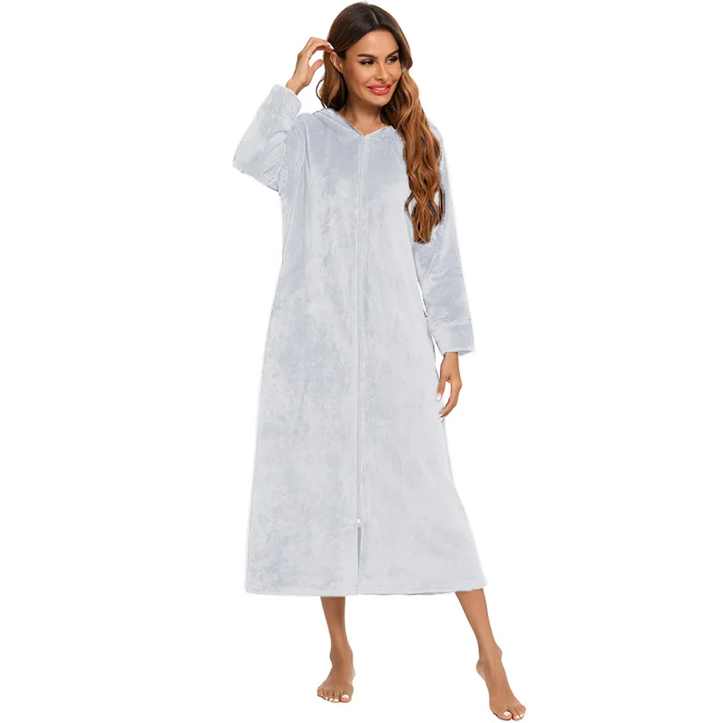 Winter Women's Bathrobe Solid Color Zipper Flannel Hooded Bath Robe Pockets Warm Female Nightgown Sleepwear Home Clothing
