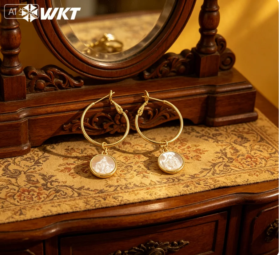 WT-MPE047 Amazing Fashion Gold Religious Push Back Earrings Women Big Round Clasp Virgin Shell