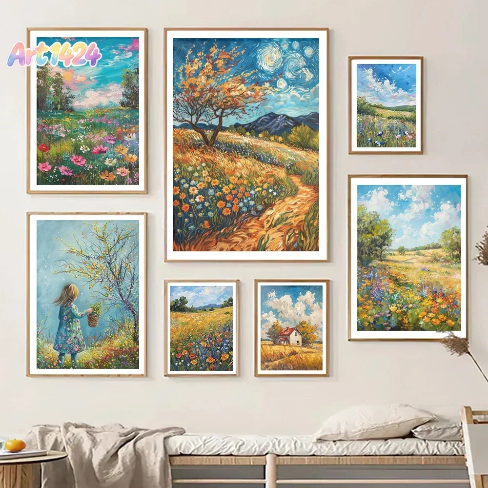 European Rural Scenery Aesthetic Art Posters Prints Abstract Field Flowers Landscape Canvas Painting Living Room Warm Home De