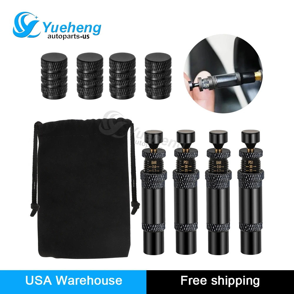 4PCS Adjustable Auto‑Stop Tire Deflator Valve Kit 10‑30 PSI Screw‑on Tyre Air Down Tool Off‑Road Accessories for 4x4 Truck Jeep ATV UTV Motorcycle With Storage Bag & Valve Caps