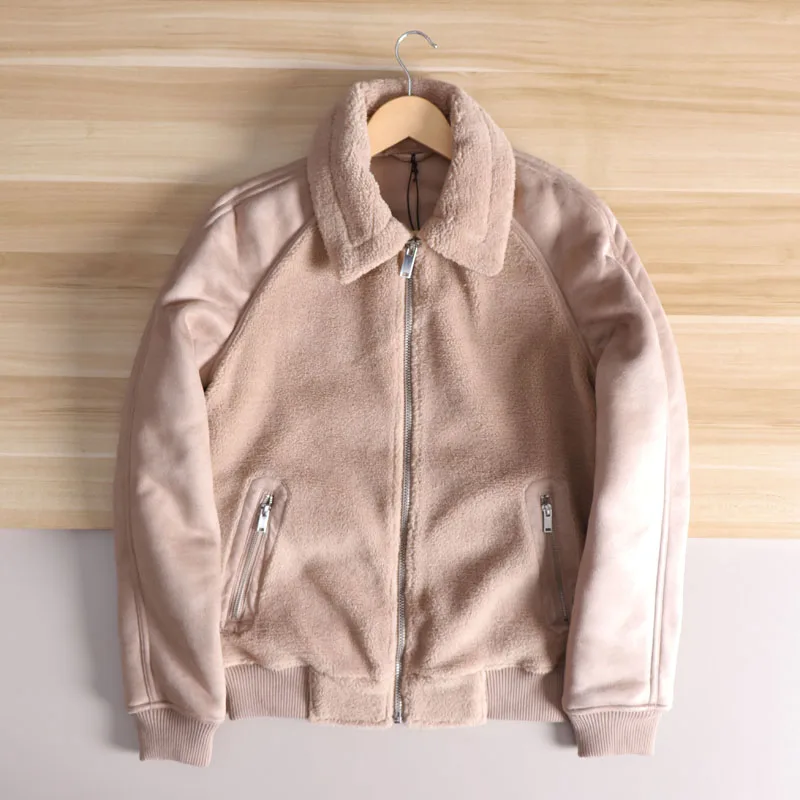 

Italian Godfather Thiened Suede Lamb Fur Simulation Collar Men's Winter Warm Casual Jaet Outerwear Long Sve Stand Fit