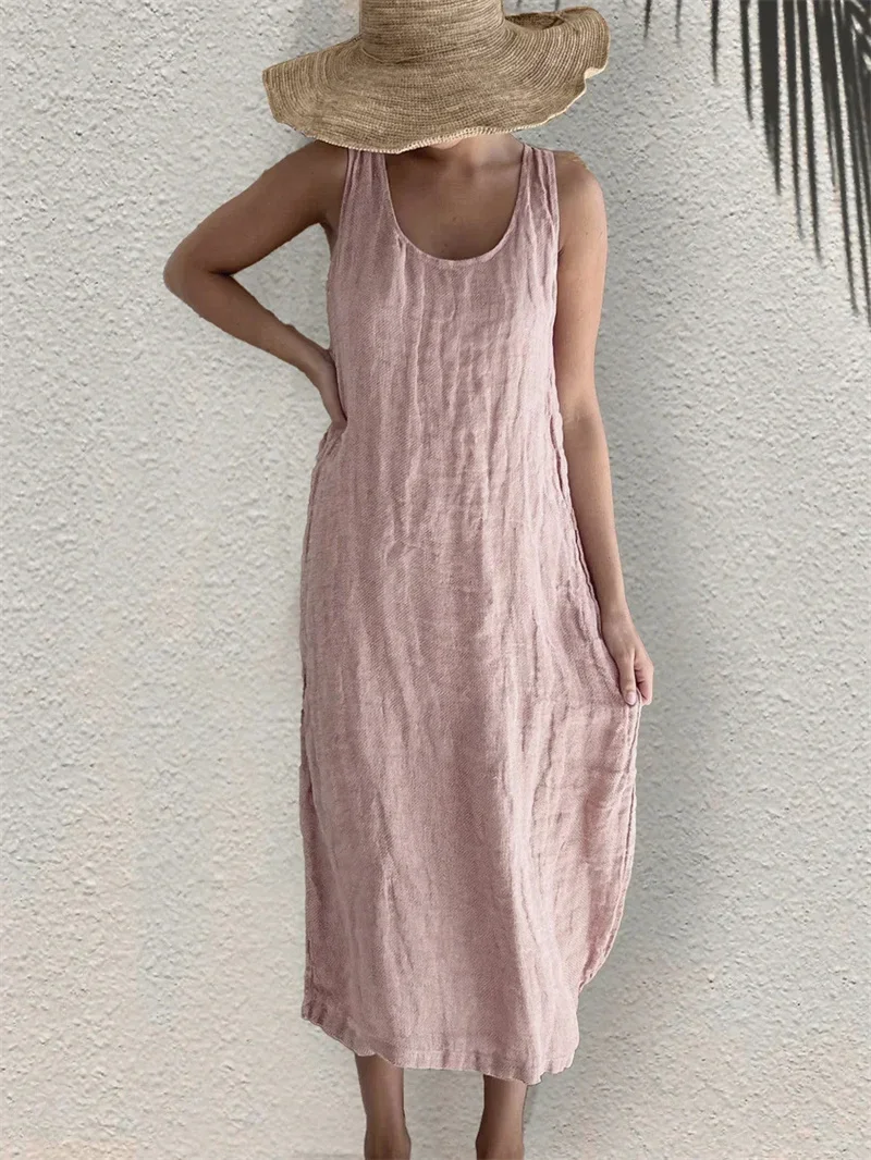 Women Comfortable Casual Cotton Linen Dresses 2024 Summer Solid Color Side Pockets Dress Female O Neck Pullover Sleeveless Gown