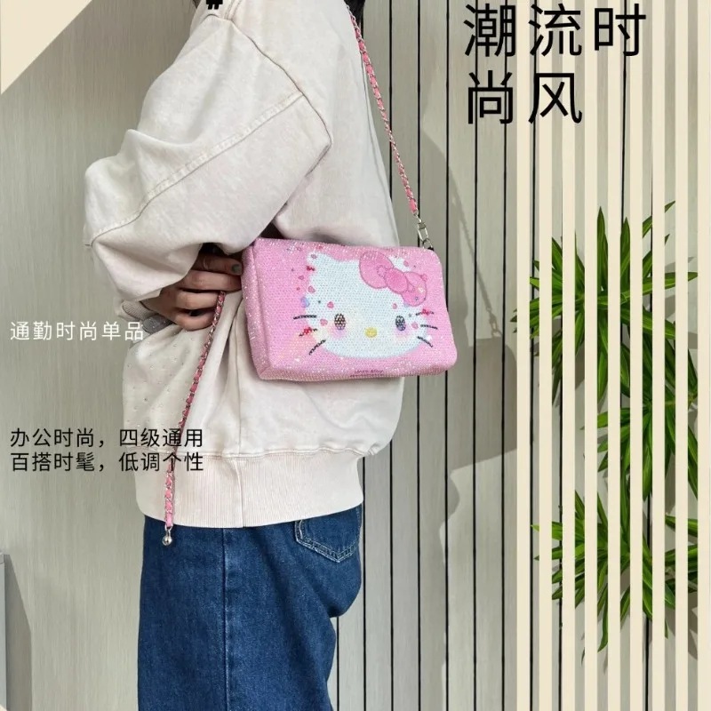 

Sanrio Hello Kitty Pink Canvas Shoulder Bag with Full Rhinestone Decoration Sparkling Tote Purse Light Luxury for Women Ladies