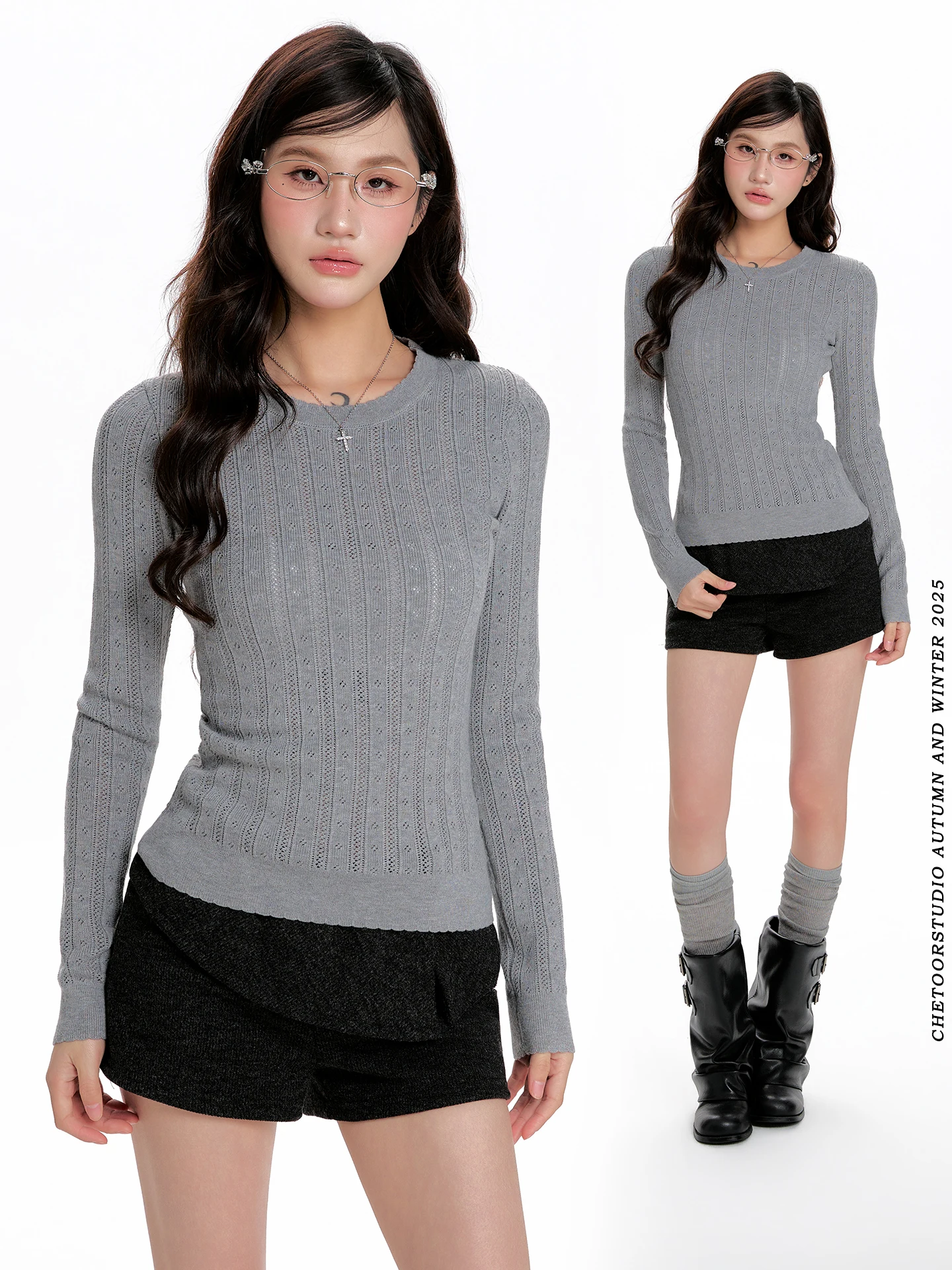 

Корейский стиль: кружевной ажурный трикотажный топ с круглым вырезом, женская облегающая базовая кофта из полиэстера с длинным рукавом и круглым вырезом горловины