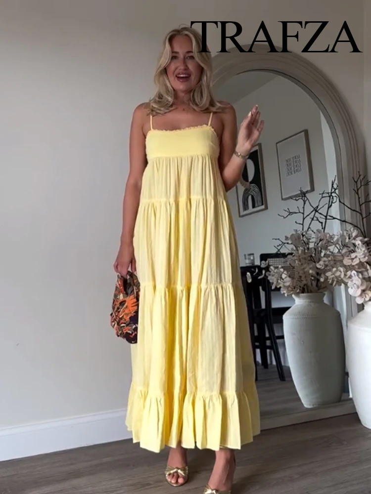 

HH Woman Summer Fashion Backless Pleated Decorate Sleeveless Dress Female Elegant Sexy Sling Dress Beach Party Midi Dress