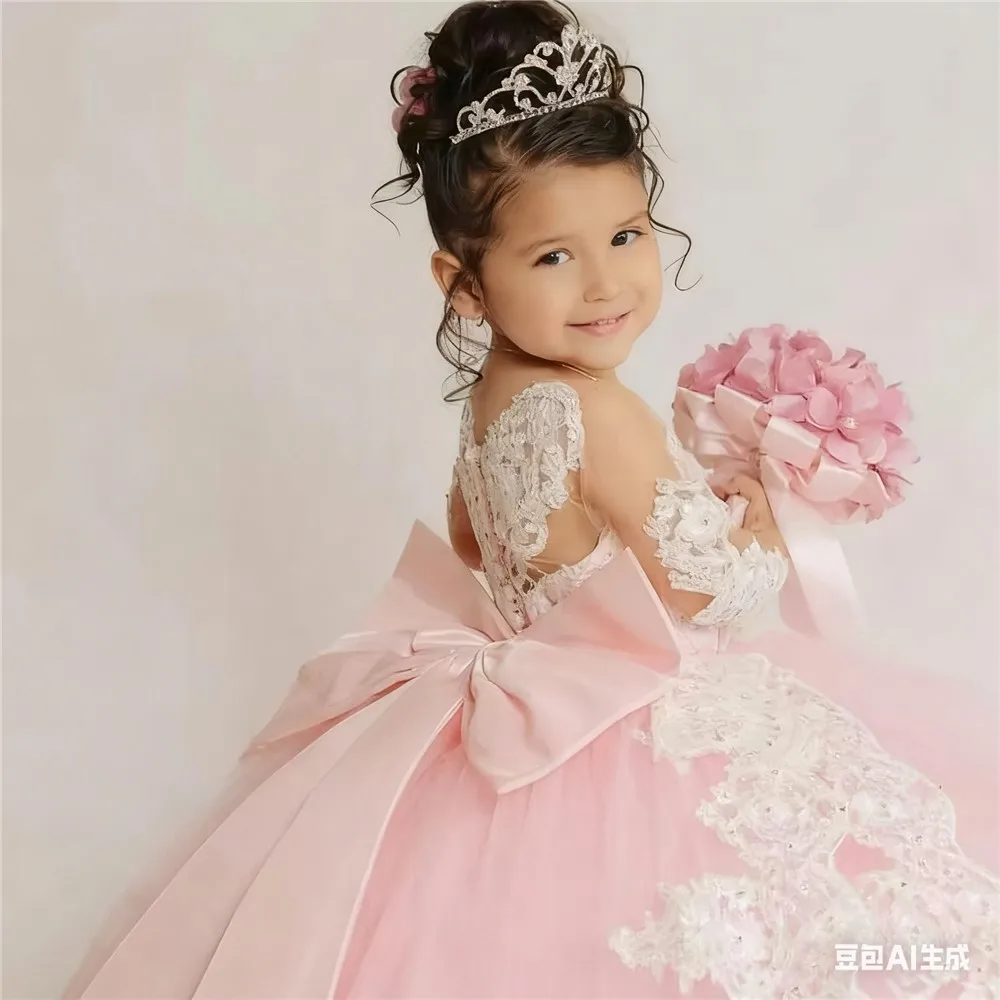 فستان فتاة الزهور الوردي المخصص لحفلات الزفاف بأكمام طويلة مزين بفيونكة دانتيل بطول الأرض للأطفال وحفلات أعياد الميلاد وصيفة العروس #4