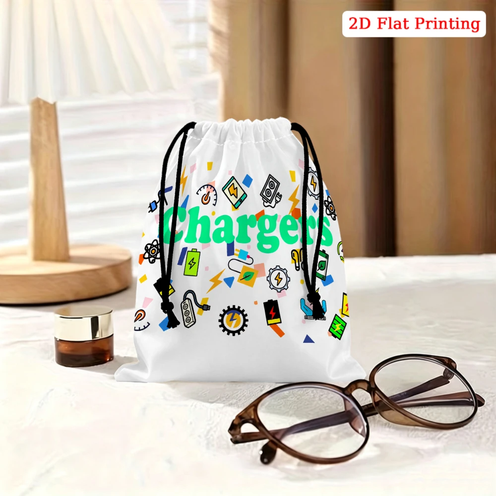 1Pc Cartoon Charger Pattern Drawstring Bag White Storage Small Pouch For Glasses Cosmetics Travel Organizer Portable Gift