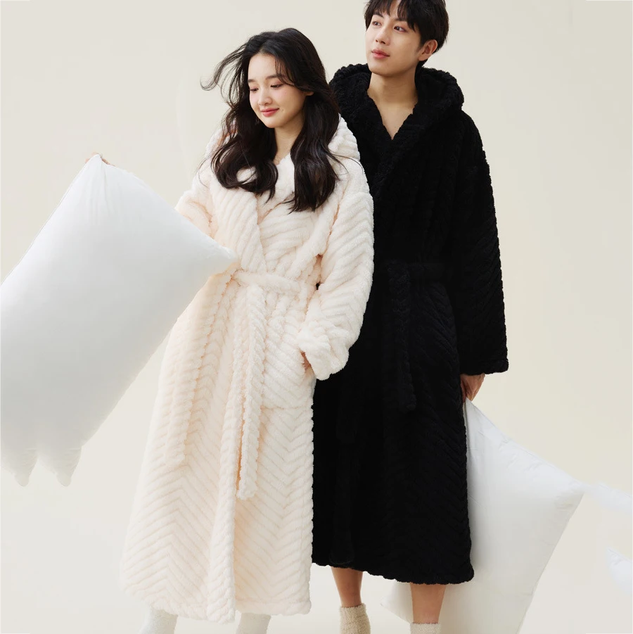 

Autumn Winter Couple Robe Sleepwear Thickened Flannel Hooded Kimono Bathrobe Gown Loose Warm Coral Fleece Home Wear Loungewear