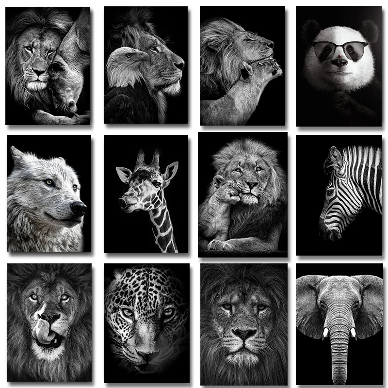 Póster Artístico de pared con estampado de animales en blanco y negro, familia de leones, elefante, jirafa, cebra, imágenes de pintura en lienzo para decoración de habitación de niños