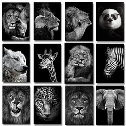 Black and White Animals Lions Family Elephant Giraffe Zebra Wall Art Poster Prints Canvas Painting Pictures for Kids Room Decor