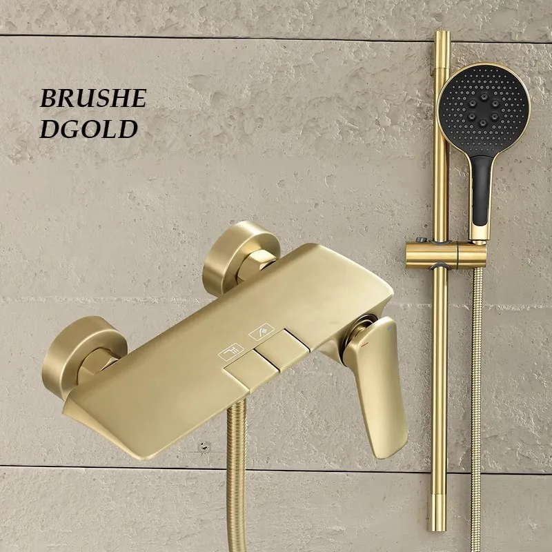 

Bathroom Shower Faucet Set Wall Mounted Brush Gold Black Finshed Waterfall Style Big Plate Brass Bathtub Mixer Set with slid bar