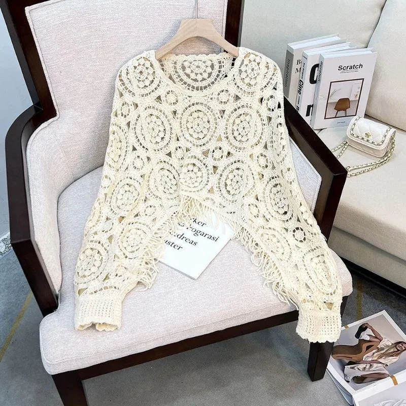 Hollow Crochet Round Neck Cropped Pullover Knit Sweater Long Sleeve Loose Women Casual Cover Up Blouse 260702