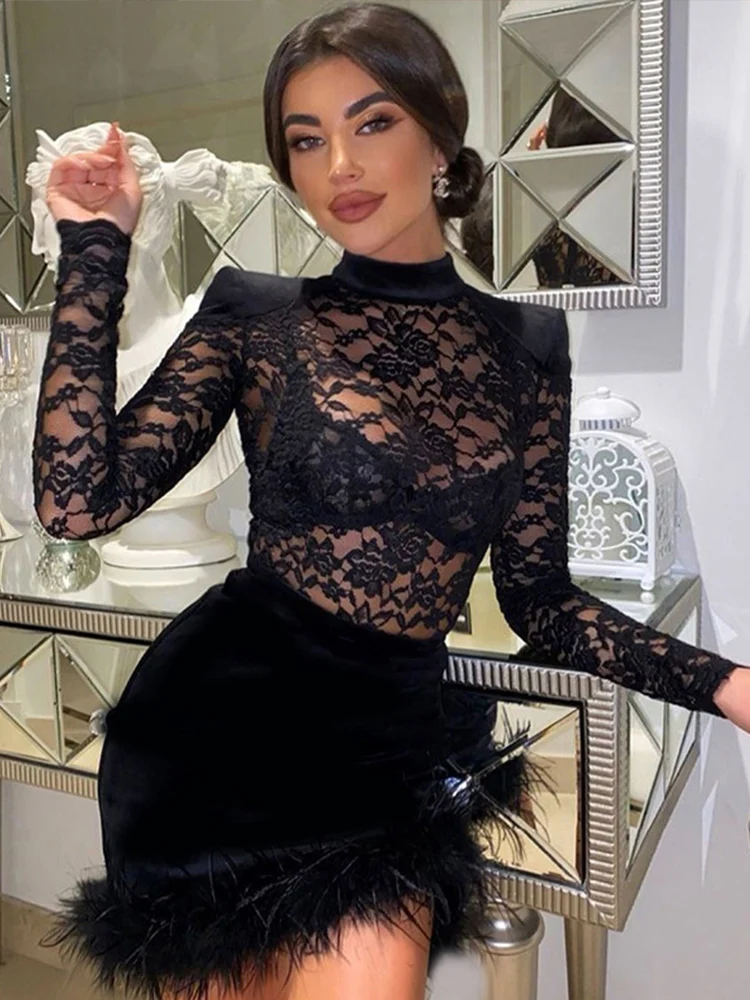 Sexy See Through Mini Dress Women Elegant Slim Long Sleeves Patchwork Feather Lace Robe Female Fashion High Waist Dresses Lady