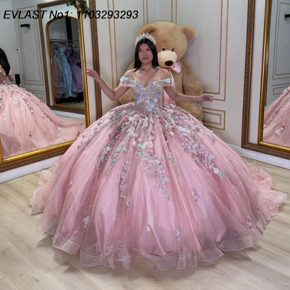 3D Printing Custom - EVLAST Customized Glitter Pink Quinceanera Dress