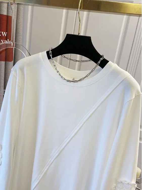 블라 레이스 홀로우 아웃 훅 플라워 롱 슬리브 티셔츠 여성용 봄 여름 플러스 사이즈 비대칭 패셔너블 탑 프렌치 스타일