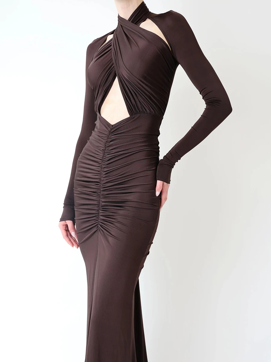 ชุดเดรสเซ็กซี่ทรงเข้ารูป TWOTWINSTYLE สำหรับผู้หญิง คอสูง แขนยาว แต่งผ้าต่อกัน จับจีบ เอวสูง เสื้อผ้าผู้หญิง