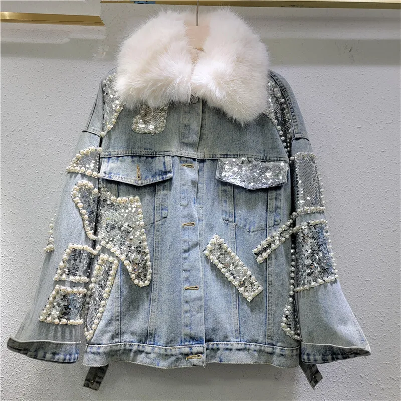 [zoci] Heavy Industry Nail Bead Sequin Denim Jacket Winter New Style, High-end Woolen Collar Denim Jacket, Cotton Coat,