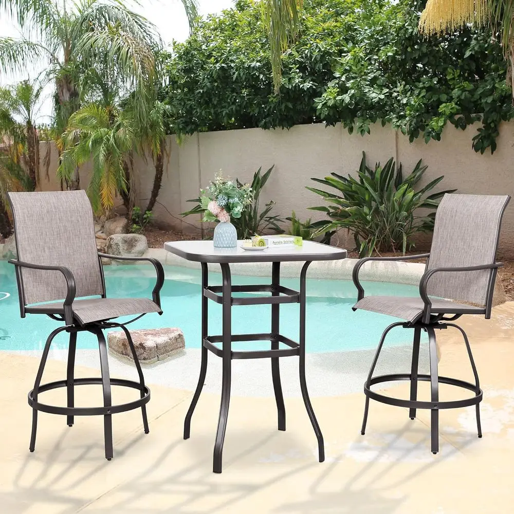 

All-Weather Swivel Bar Set with 2 Textilene Chairs and Glass Table for Outdoor Patio, Balcony, Lawn, Taupe