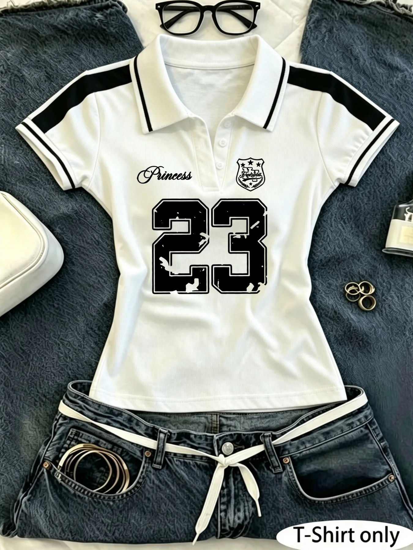 Women's Y2K Crop Polo Shirt, Princess 23 Distressed Number Badge Print Color‑Block Short Sleeve Collared Slim Fit Street Casual