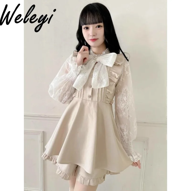 Japanese Style Lolita Setup Sweet Lace Splicing Shoulder Splicing Color Matching Bow Dress Mass Production Shorts Set 2 Pieces