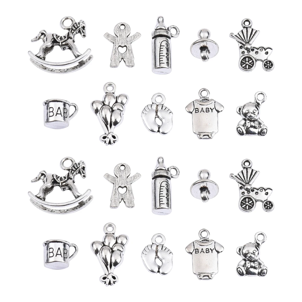 100pcs Baby Theme Charms Alloy Rocking Horse Baby Bottle Ginger Bread Man Toy Tibetan Baby Charms for Jewelry Making Bracelets