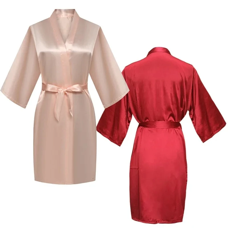 Women Silk Satin Short Night Robe Solid Kimono Robe Fashion Bath Robe Sexy Bathrobe Peignoir Femme Wedding Bride Bridesmaid Robe