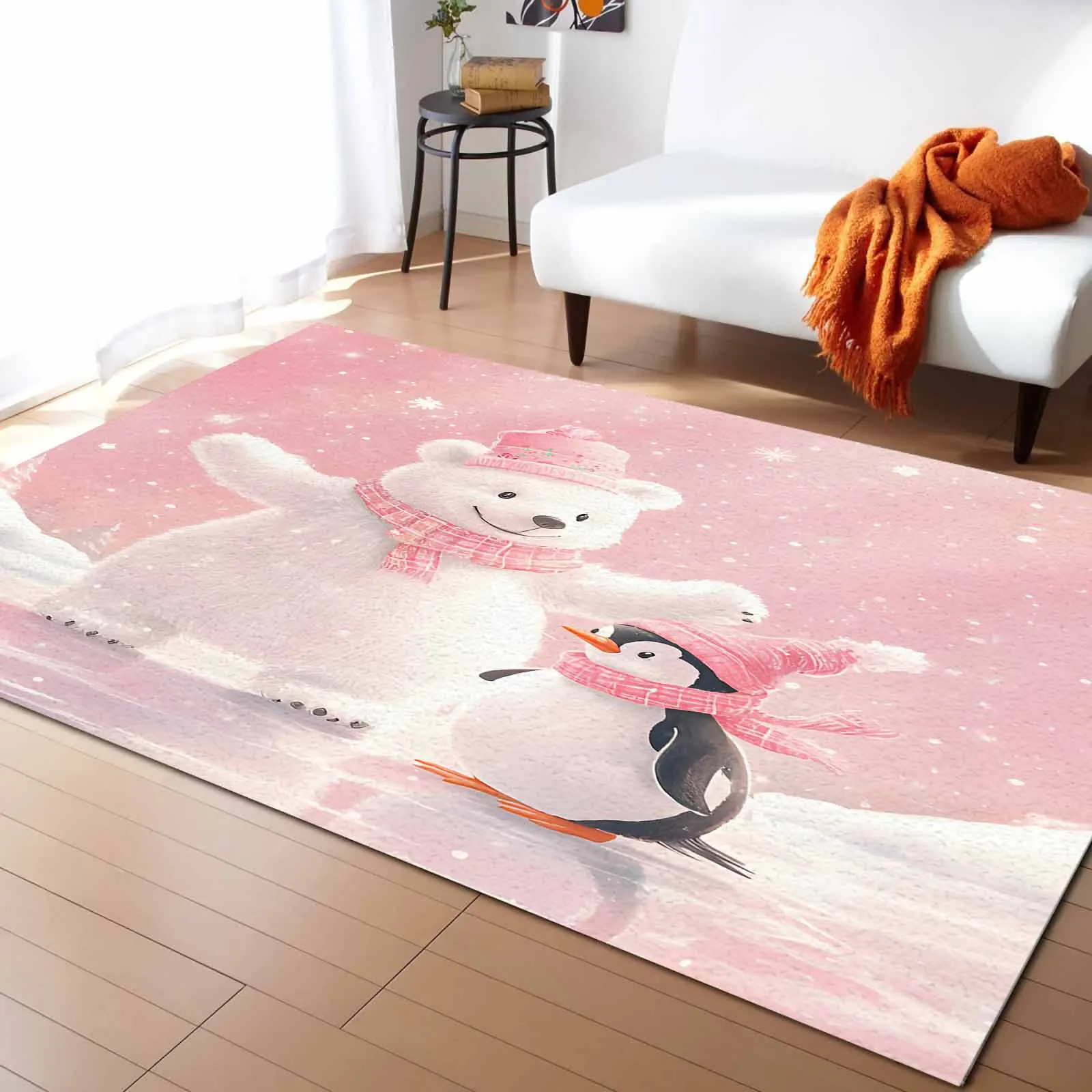 Christmas Pink Bears And Penguins Living Room Floor Mat Children's Room Bedroom Bedside Carpet Kitchen Door Mat