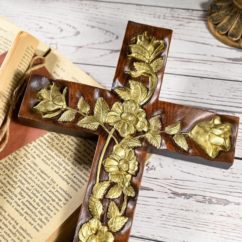 Religious vintage Wooden Carved Rose Cross Decorative ,Art Hanging on Wall Decoration