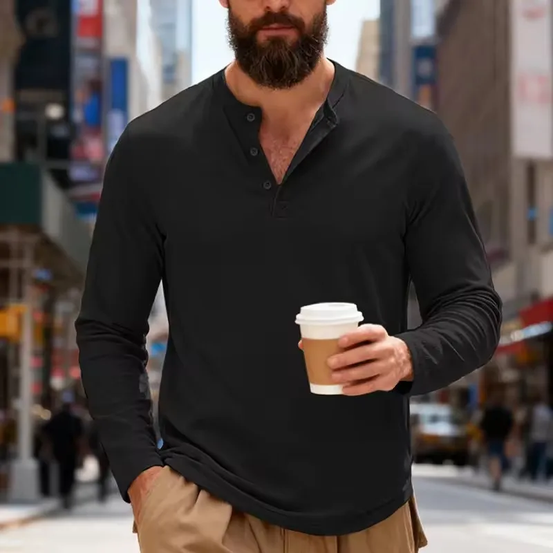 Men's Long Sleeve Henley Shirt 2026 Spring Autumn Casual Solid Color Pullover Top Fashion T-Shirt for Daily Wear