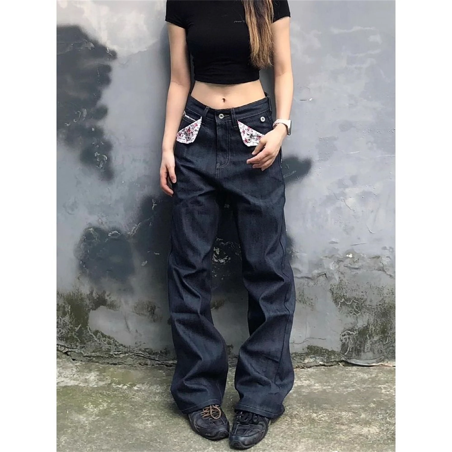 Women's High Waist Wide Leg Dark Blue Jeans Floral Print Pocket Back Buckle Detail Vintage Washed Y2K Streetwear Denim Trousers