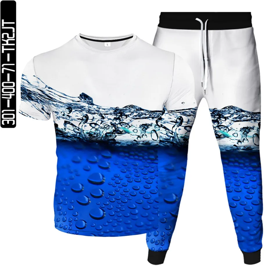 

Men's Fashion Sportwear Clothing Suits Colorful Drops Of Water Print Male Tracksuit Homme Plus Size T-Shirt+Jogger Pants 2Pc/Set