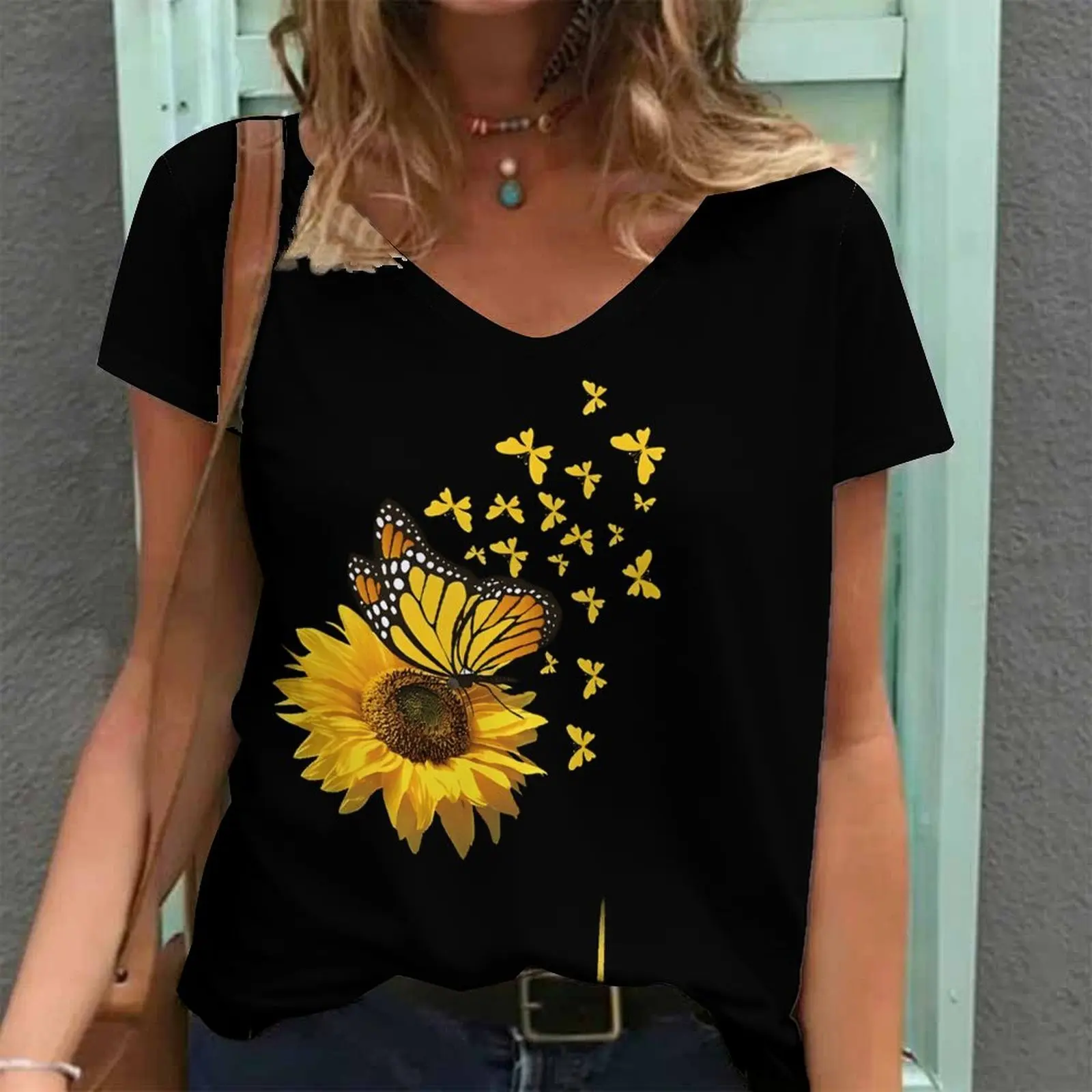 Women Print V Neck Short Sleeve Casual Loose Tunic Tops
