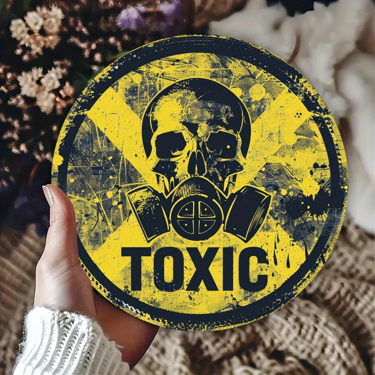Vintage Toxic Danger Symbol Metallschild, Retro Runde Aluminium Wandkunst Dekor, Lustige Metallfolie Gravur, 8 Zoll Toxic Gas Mask W