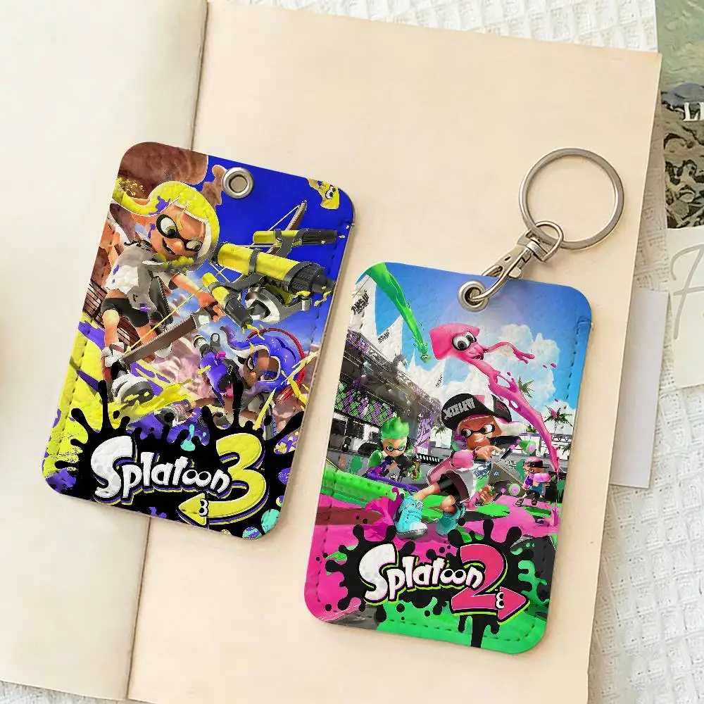 Game S-Splatoon Rectangle ID Card Case Keychain Access Card Bag Key Tag Ring Leather Card Holder Key Ring Access