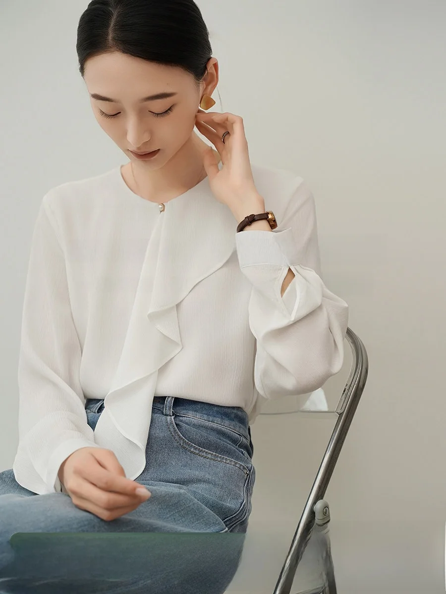 

Белая шифоновая блузка Achu с рюшами и круглым вырезом, прямого кроя, с длинными рукавами, для женщин, для офиса, летняя, с дизайнерскими вставками