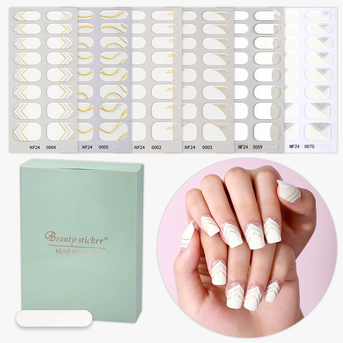 6pcs/set French Semi Cured Gel Nail Strips White Gold Gel Nail Stickers Long-Lasting Full Cover Gel Nail Wraps for New Year Gift