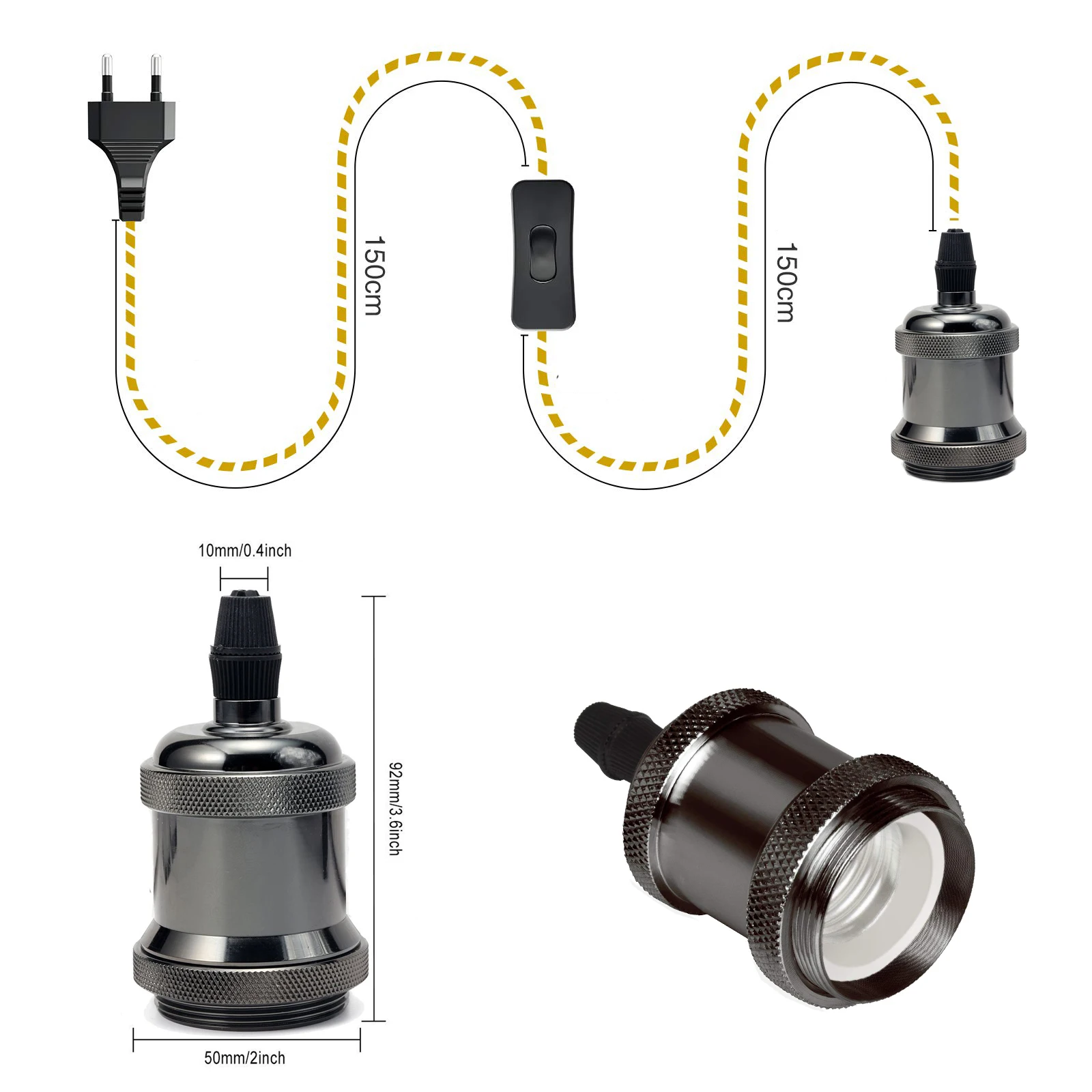 Cable de alimentación para lámpara colgante, cable de cáñamo E26 E27, enchufe de la UE con interruptor, cable de enchufe de bombilla Edison, 2M, 3M