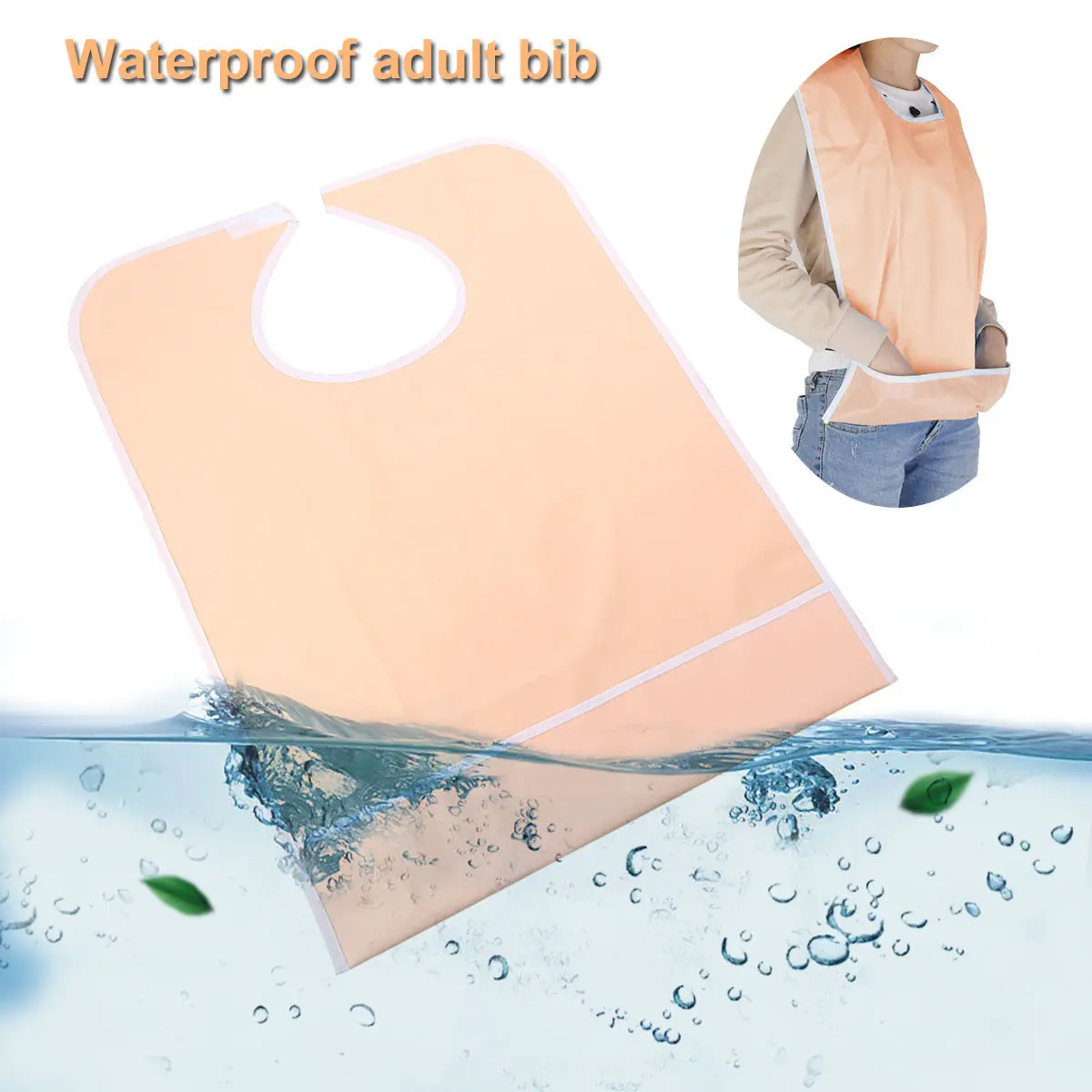 Waterproof Adult Bib with Snap Fastener, Adjustable Neck, Crumb Catcher and Roll-Up Pocket