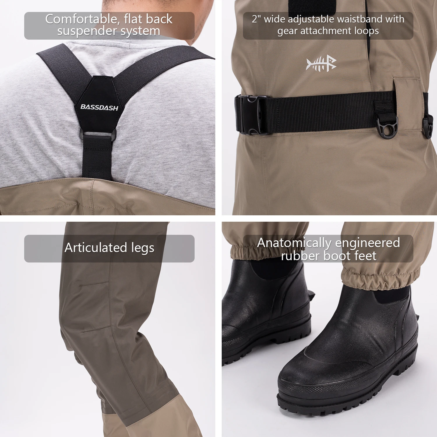 Bassdash Men Breathable Lightweight Chest and Waist Convertible Waders for Fishing and Hunting Long Pant With Boot Foot