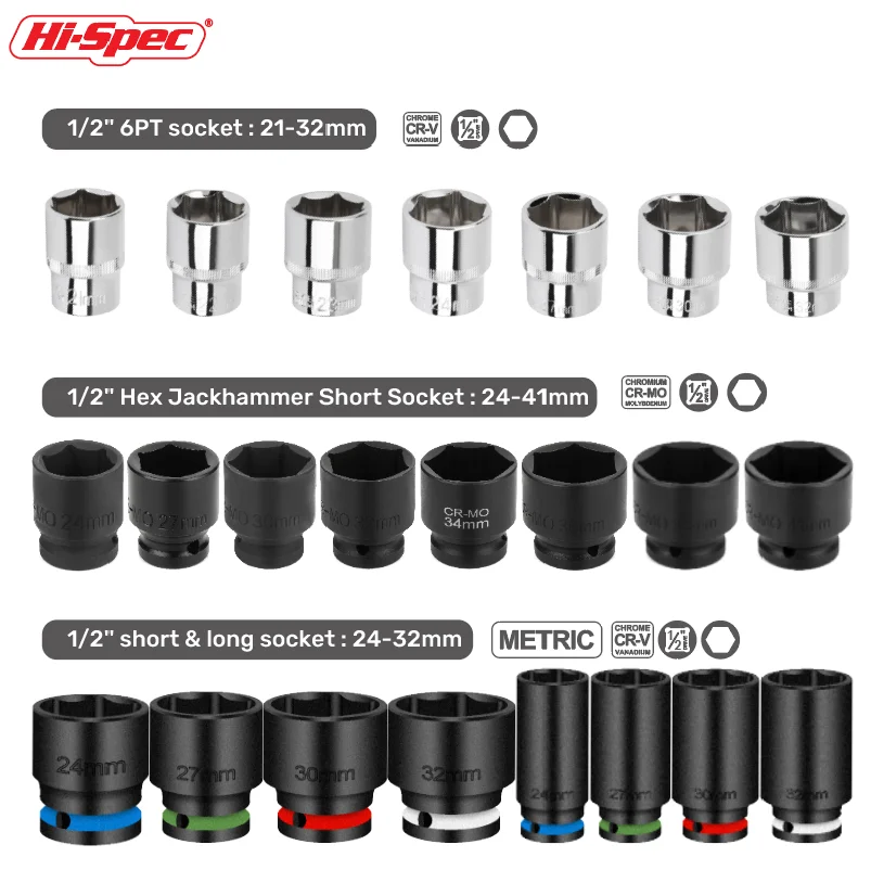 

Hi-Spec 1/2" Drive Impact Socket Set Impact Wrench Sockets Cr-mo Hex Sockets CR-V ​Large Size Socket Nut Removal Hand Tools