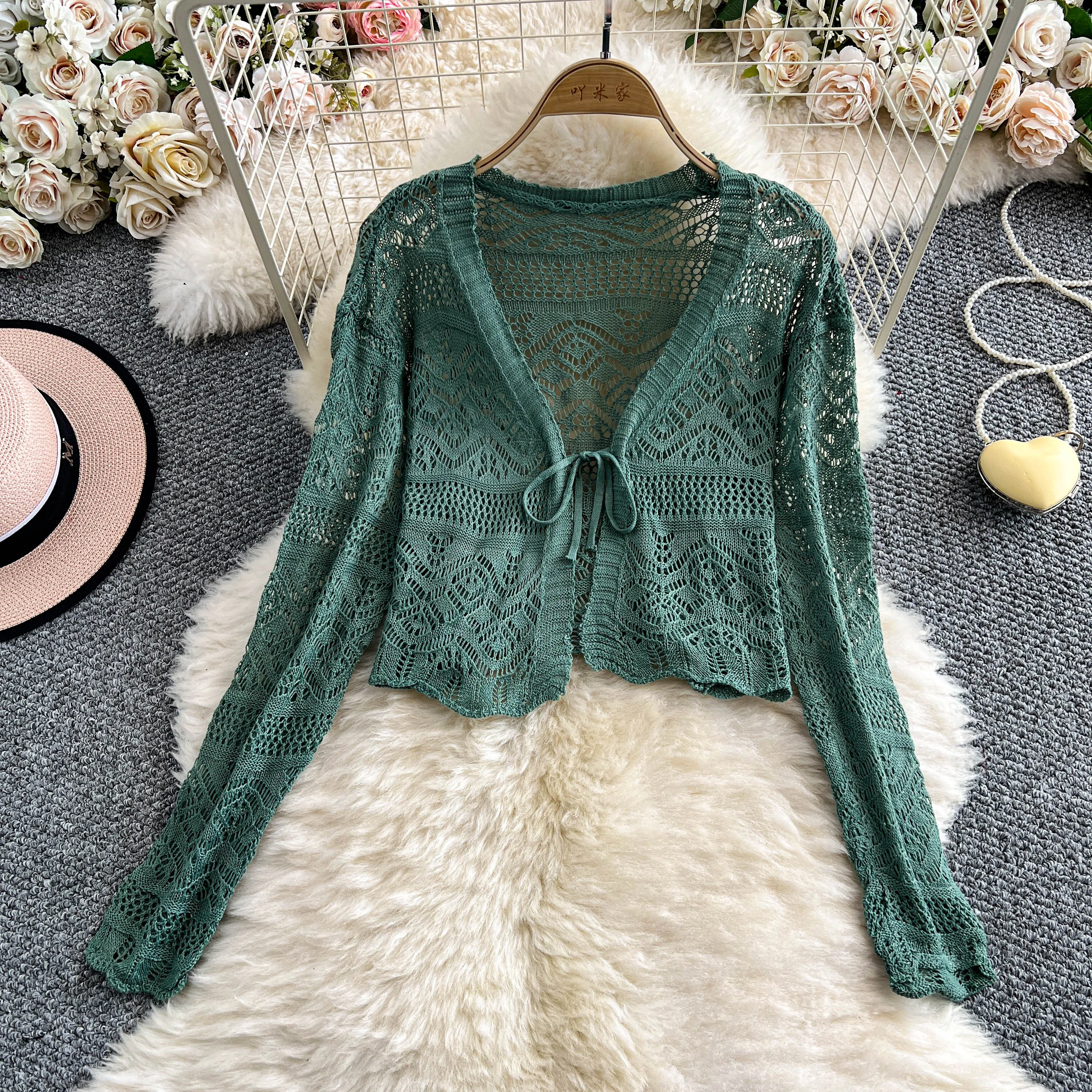 

Women Tie Front Crop Cardigan Sheer Openwork Crochet Knit Top Lightweight Bolero Sweater Summer Fairycore Boho Chic Beach Outfit