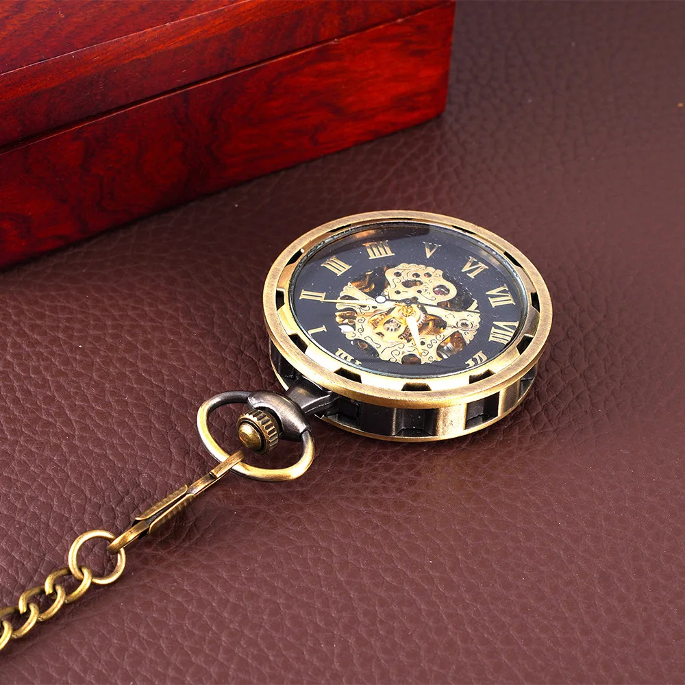 Reloj de bolsillo mecánico redondo de lujo para hombres y mujeres, esfera de números romanos transparentes, cadena Fob negra, reloj colgante para colección