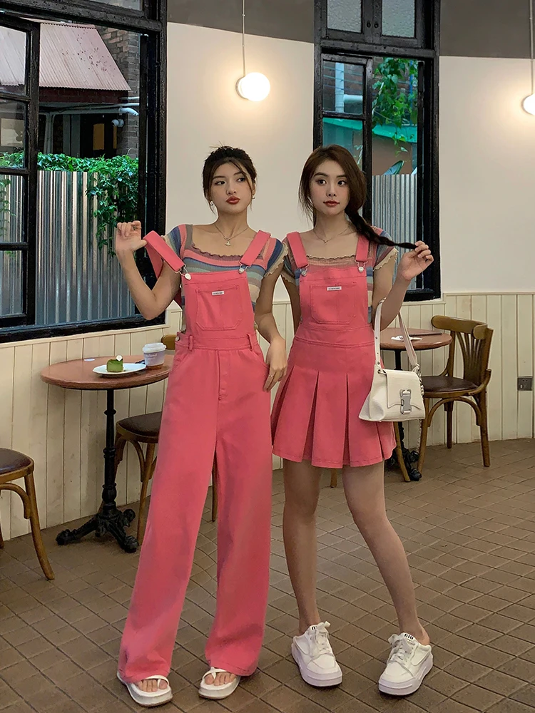 

Plus Size Women Clothes Pink Denim Strap Pants Two-piece Sets Bestie Age Reduction Suspenders Dress Loose Casual Jumpsuits