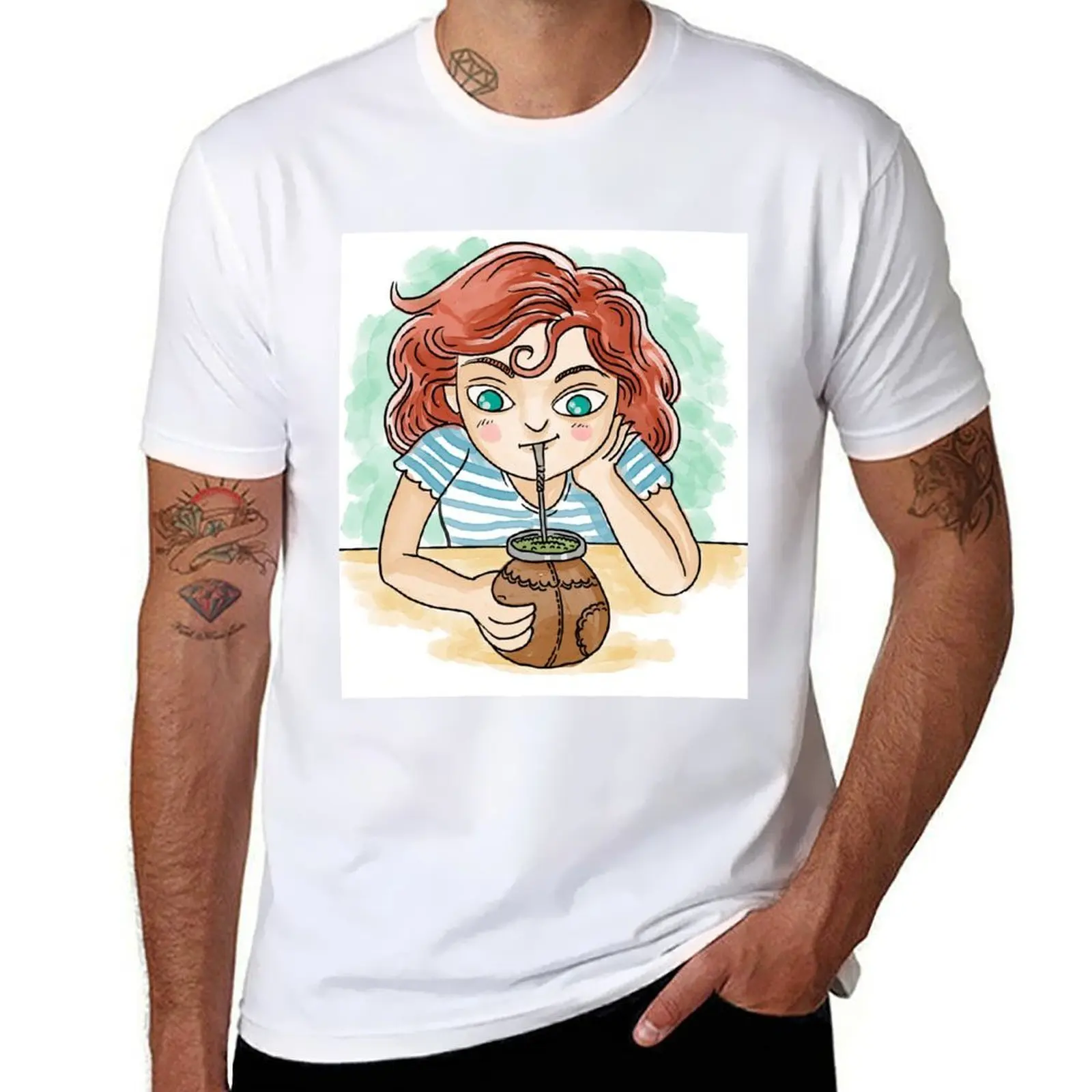 Chica bebiendo yerba mate infusión caliente camiseta camisetas para hombre camisetas de algodón 100% Camiseta de algodón