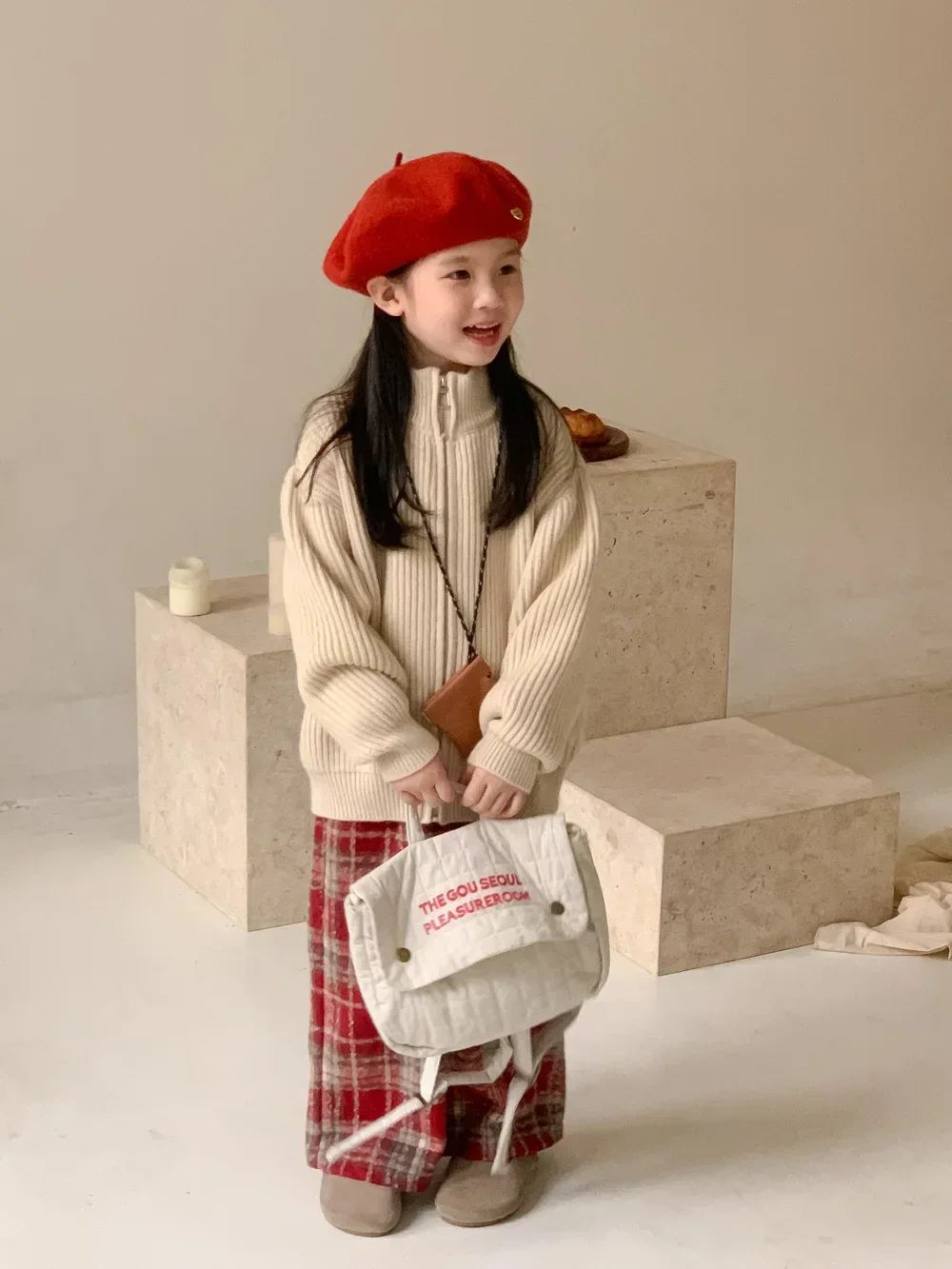 Girls Trousers 2024 Autumn Winter Korean Woolen Plaid Straight-leg Pants Boys and Girls Children Thickened Casual Wide-leg Plaid