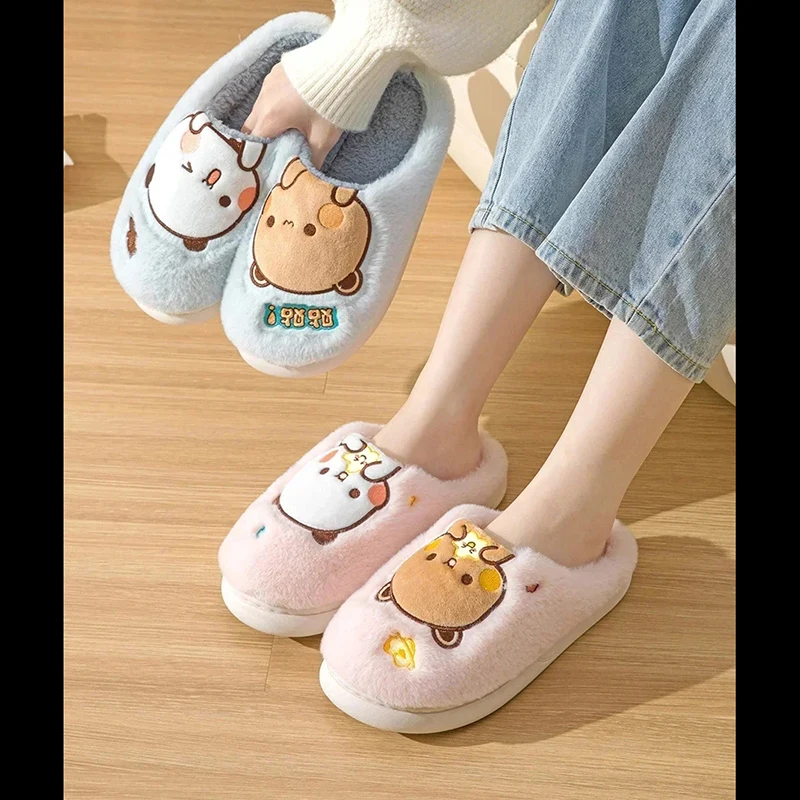 New Kawaii Panda Dudu And Bubu Katon Cute Plush Cotton Slippers Men's And Women's Winter Couple Furry Winter Home Cotton Drag