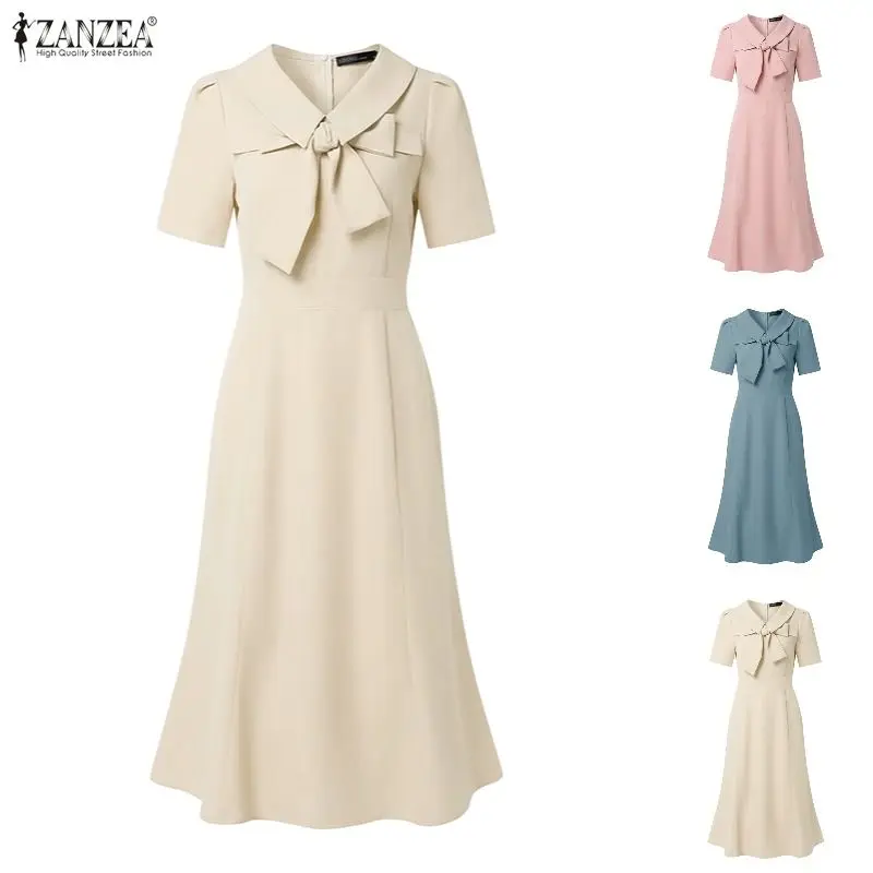

Elegant Mermaid Dresses ZANZEA 2026 Women Summer OL Work Sundress Lapel Neck Short Sleeve Dress Solid Color Holiday Midi Robe