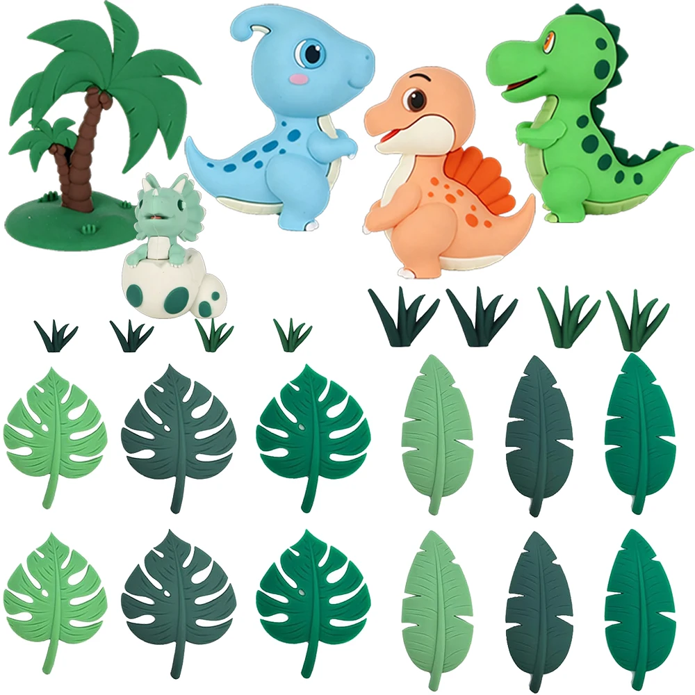 25Pcs Dinosaur Cake Decorations Dinosaur Eggs Green Leaves Birthday Cake Toppers for Jungle Birthday Party Safari Animal Decor