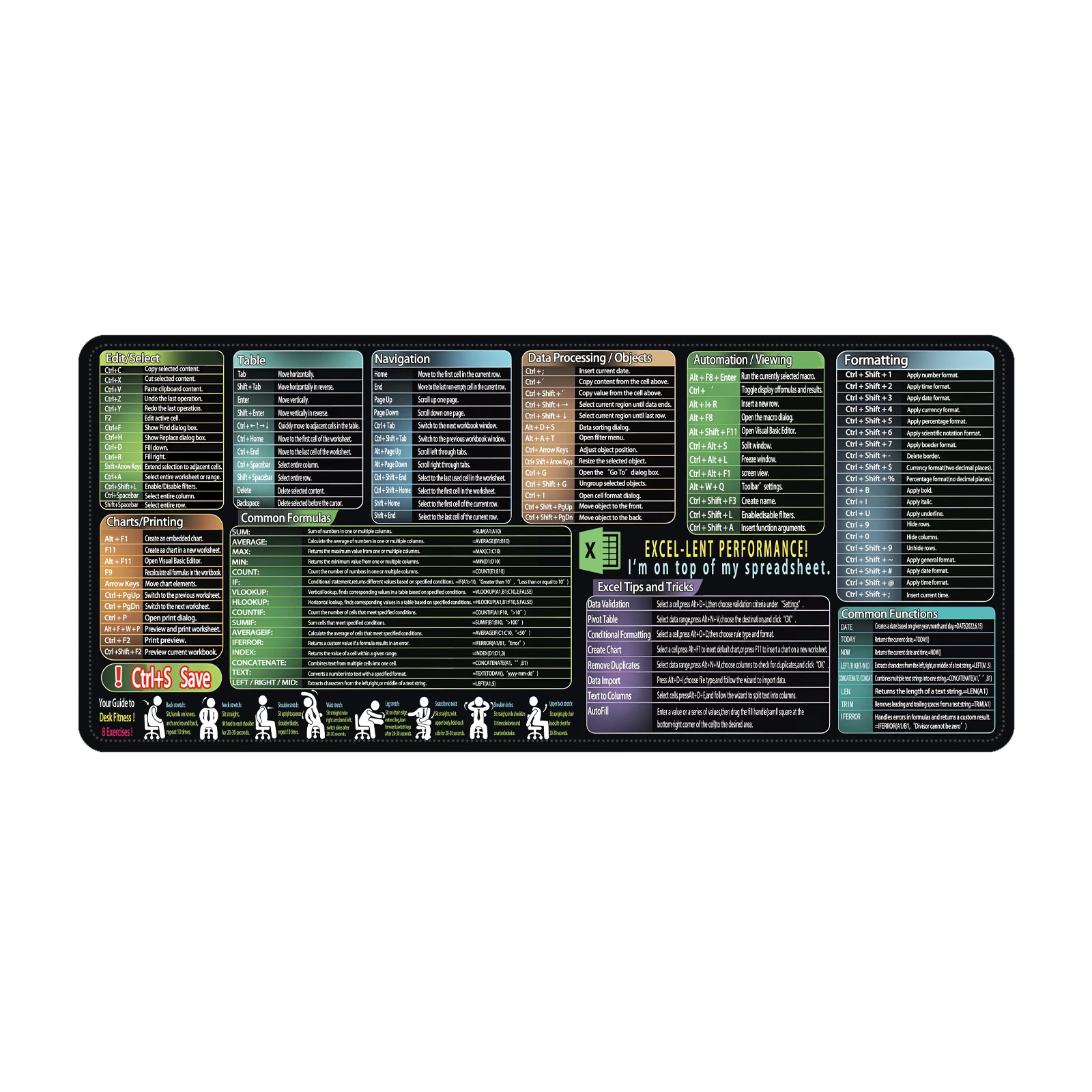 Shortcut Key Excel Theme Mouse Pad Locking Edge Table Keyboard Non-Slip Mausepad Computer Accessories Desk Mat 900X400MM