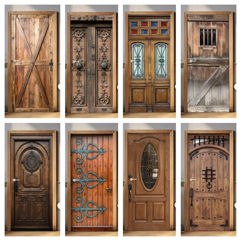 Retro Door Sticker Brown Wood Texture Background Self Adhesive Wooden PVC Refrigerator Poster Wallpaper Home Decoration Stickers